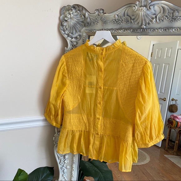 Something Navy Yellow Pleated Peplum Top M - Picture 6 of 12